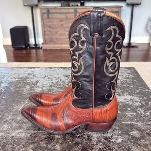 Nocona Black/Cognac Vintage Leather and Lizard Western Boots Size 7